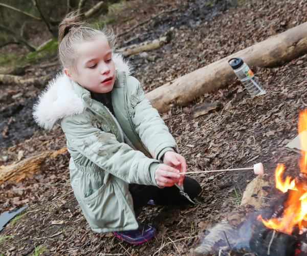 A young child toasting marshmallows over a campfire in the Forest.